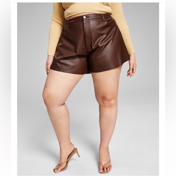 And Now This Women’s Trendy Plus Size Faux-Leather Trumpet Shorts Size 16W Brown - Picture 1 of 9